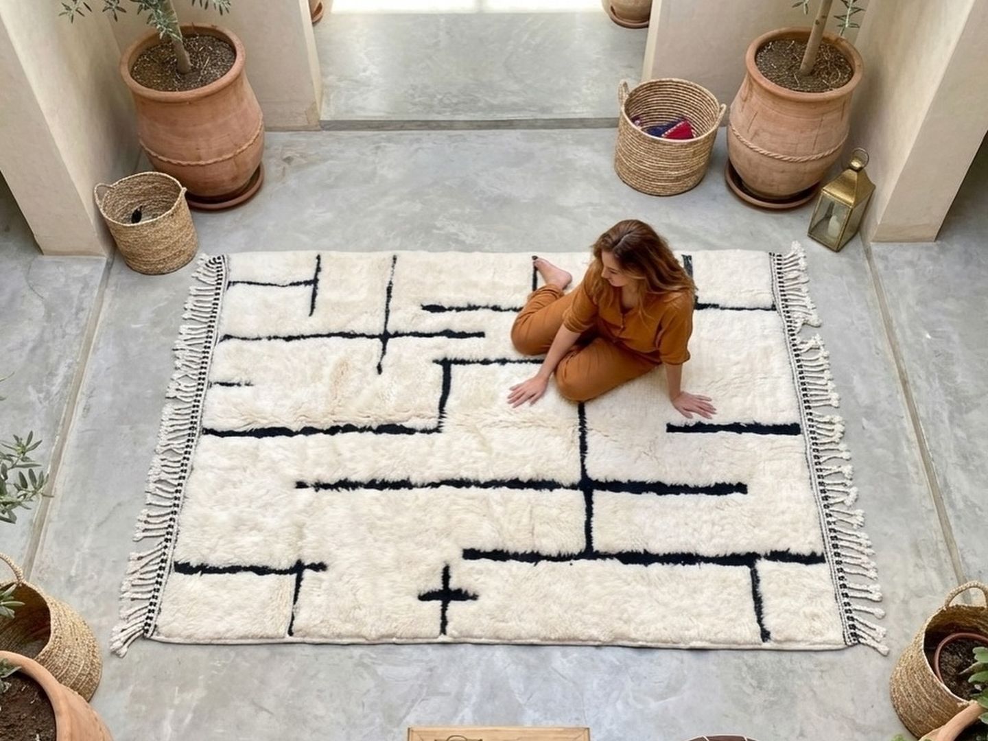 Tapis écru à motif labyrinthe noir déroulé dans un patio en béton ciré