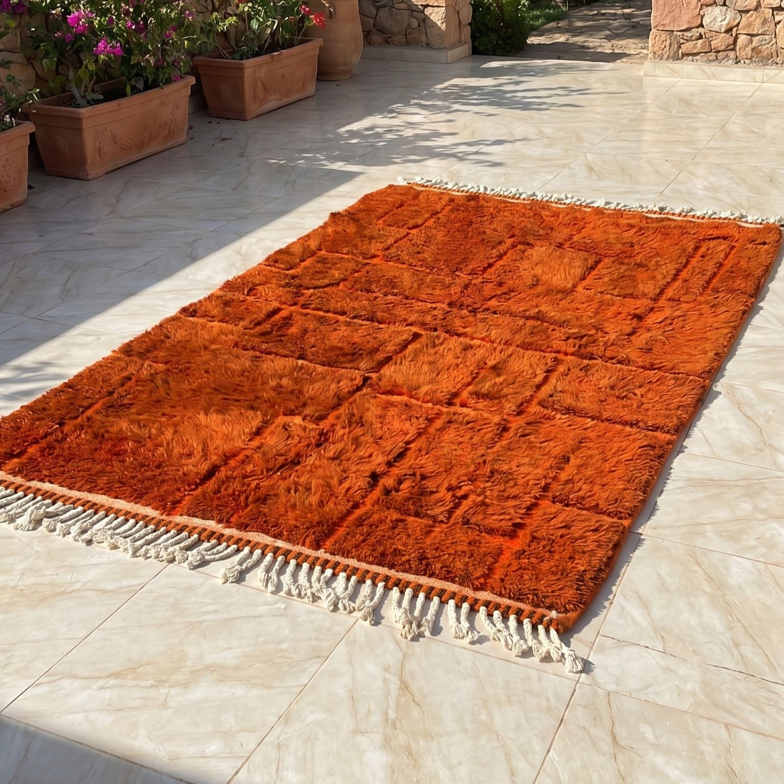 Tapis Mrirt orange déroulé sur une terrasse en plein soleil