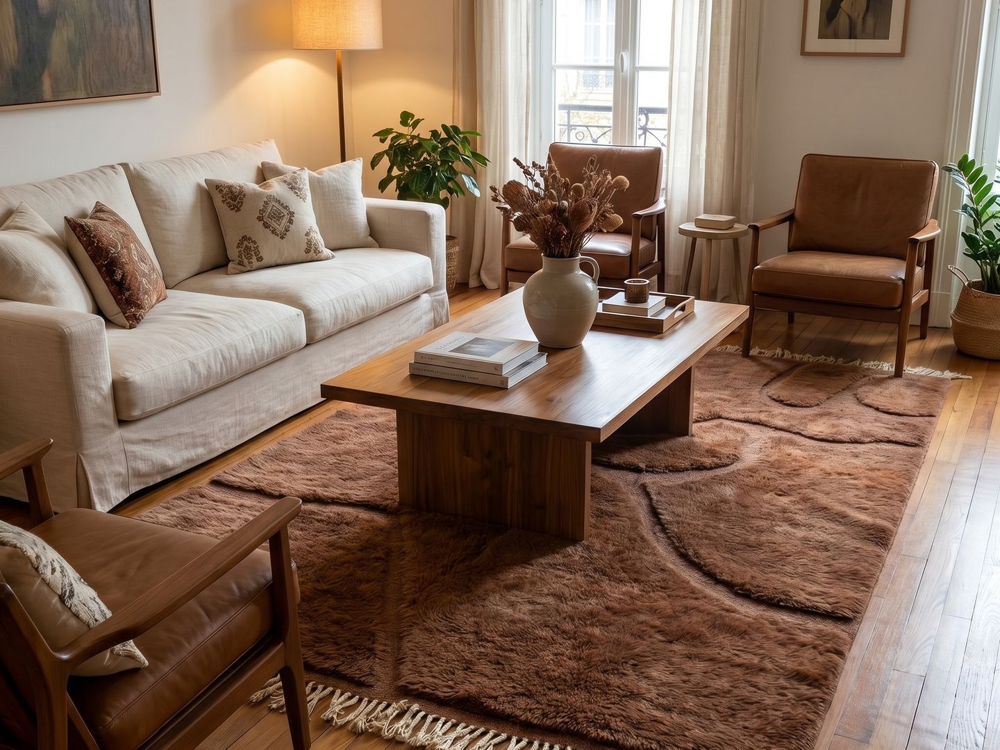 Tapis brun à poil long sous une table basse en bois